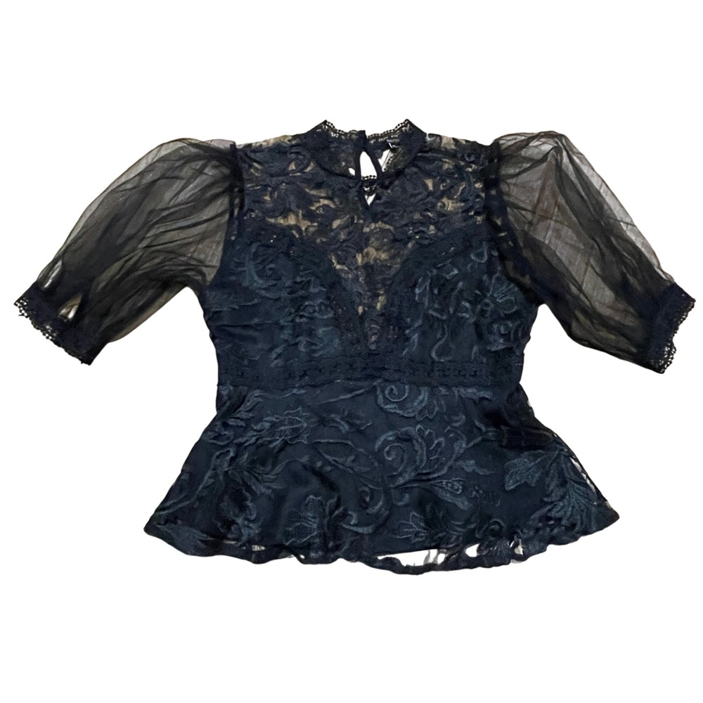 Blashe Black Floral Lace Peplum Top Mock‎ Neck Sheer Puff Sleeve Gothic Womens M